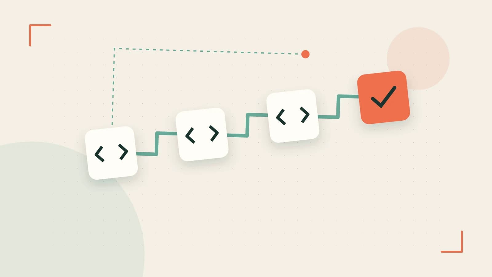 Editorial illustration of a branching build pipeline, staged transformations and a completed check