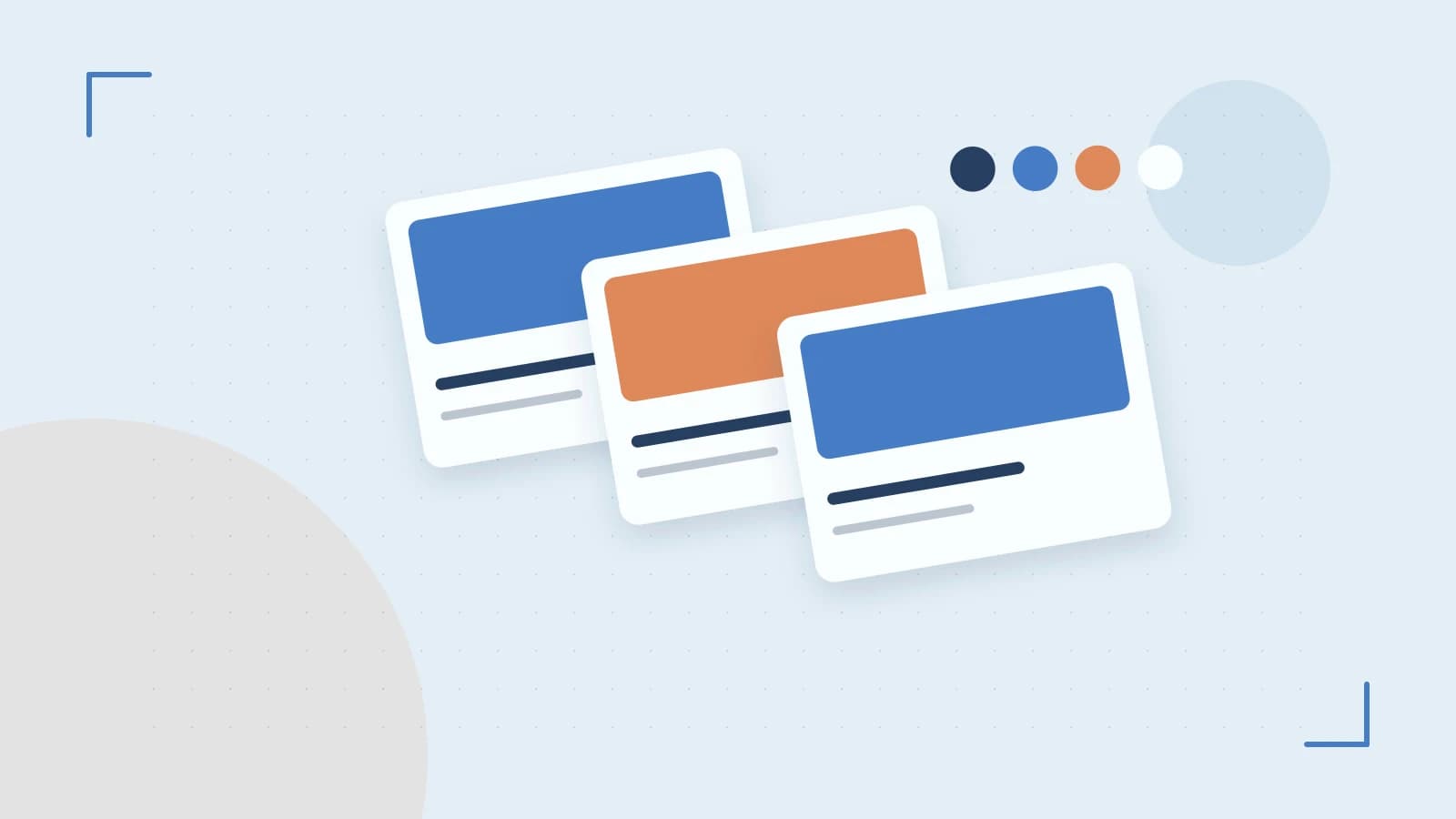 Editorial illustration of responsive browser layouts, overlapping design components and a color system