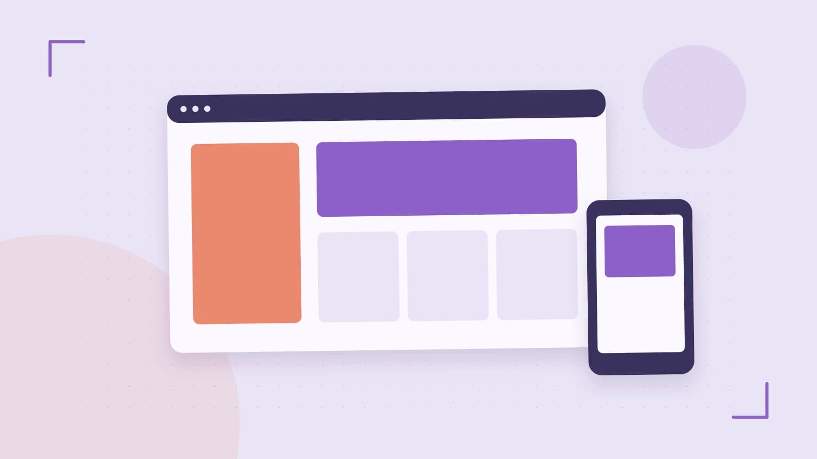 Editorial illustration of responsive browser layouts, overlapping design components and a color system