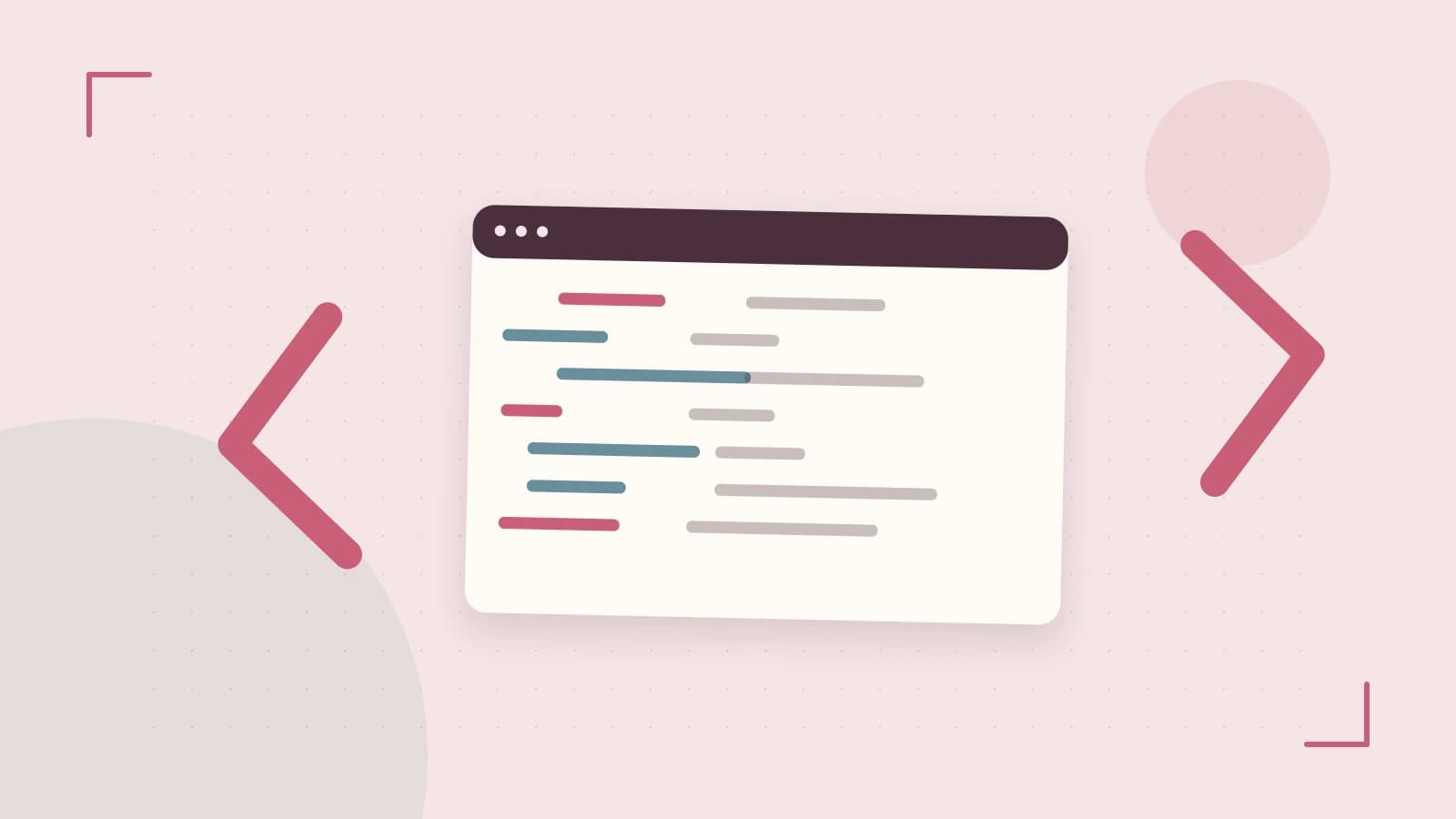 Editorial illustration of an abstract code editor, syntax blocks and oversized programming brackets