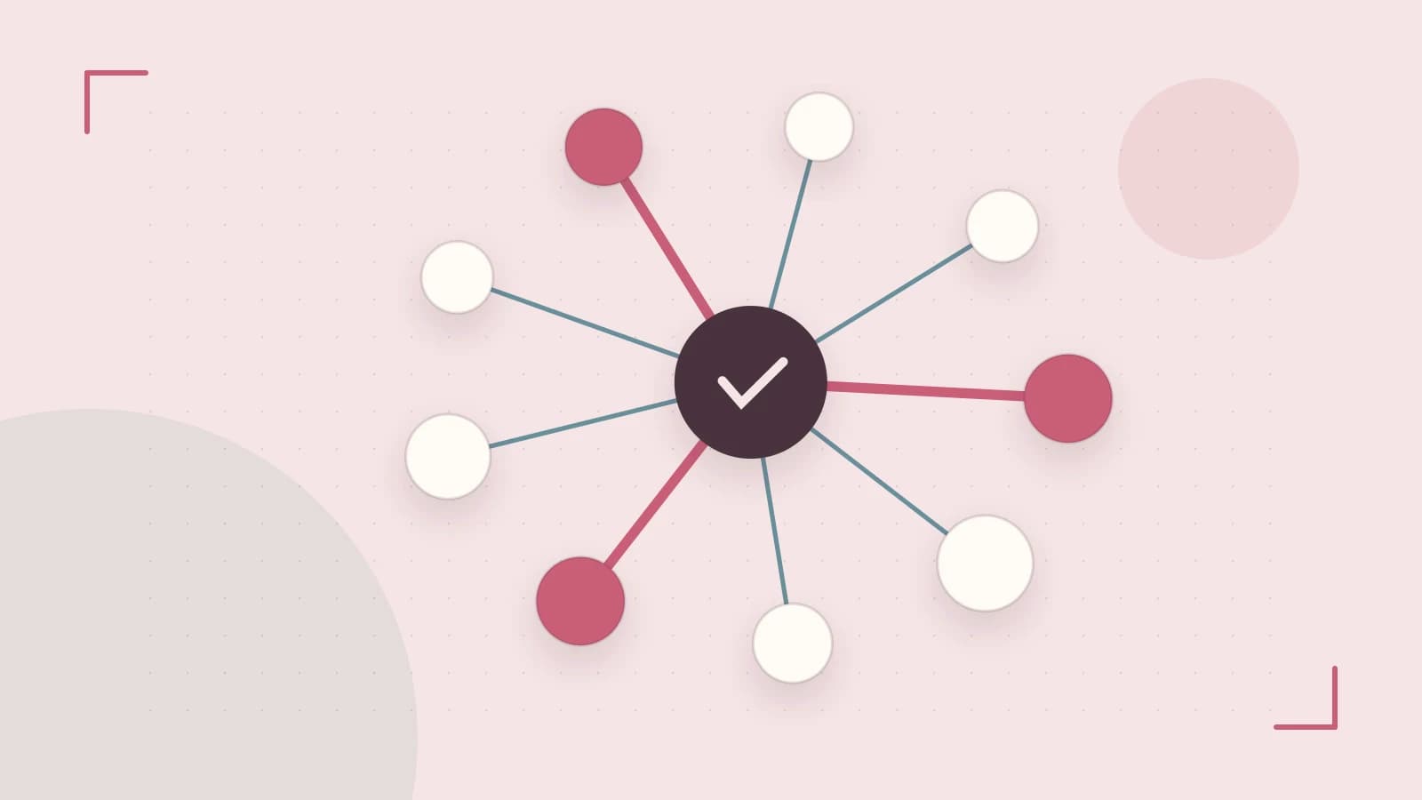 Editorial illustration of an algorithmic node graph with branching paths and a highlighted result