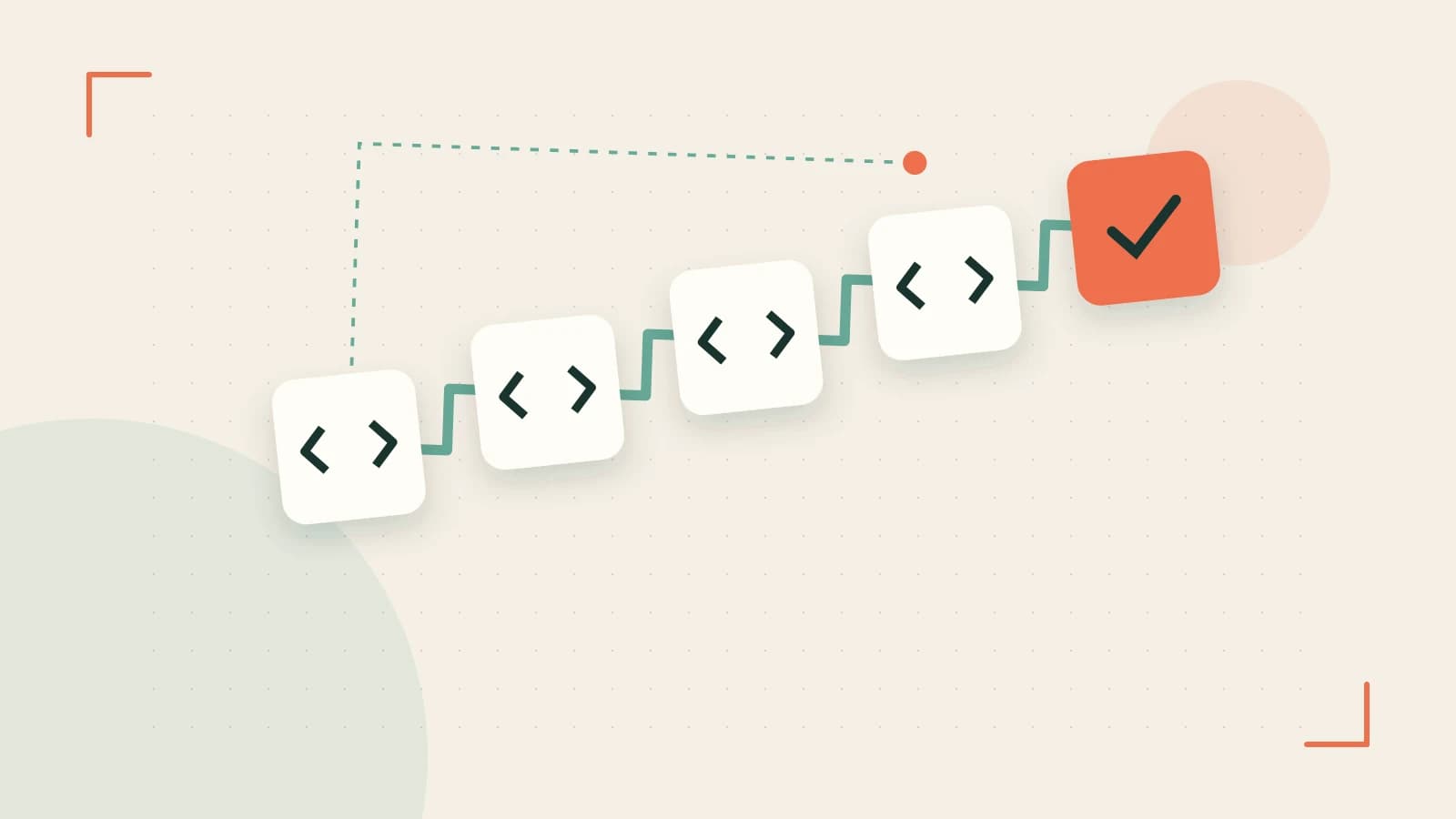 Editorial illustration of a branching build pipeline, staged transformations and a completed check