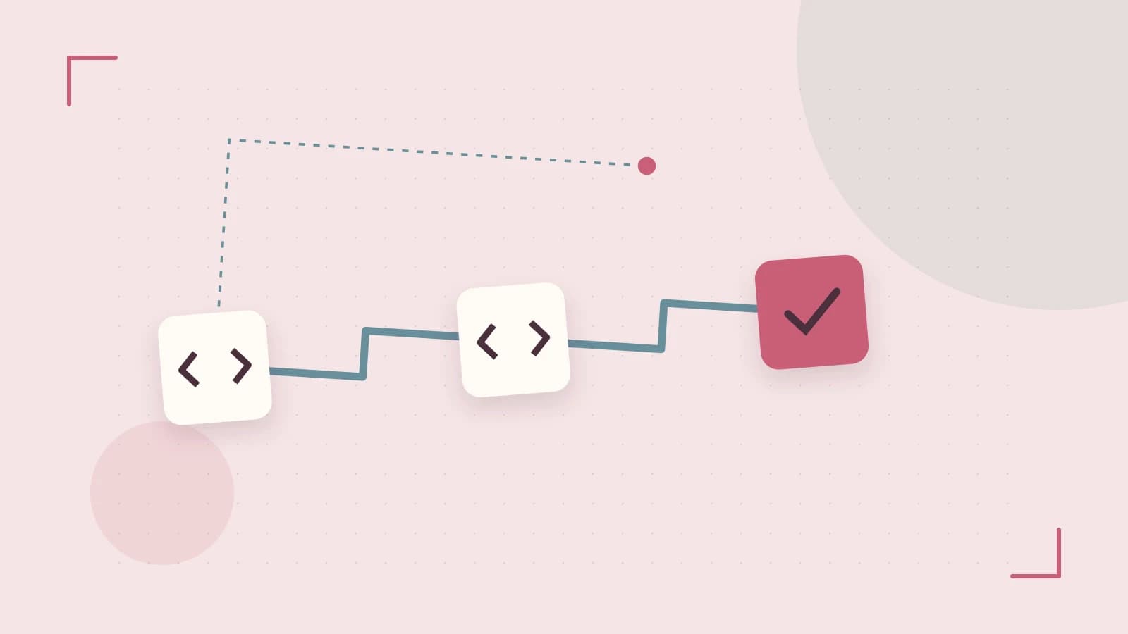 Editorial illustration of a branching build pipeline, staged transformations and a completed check
