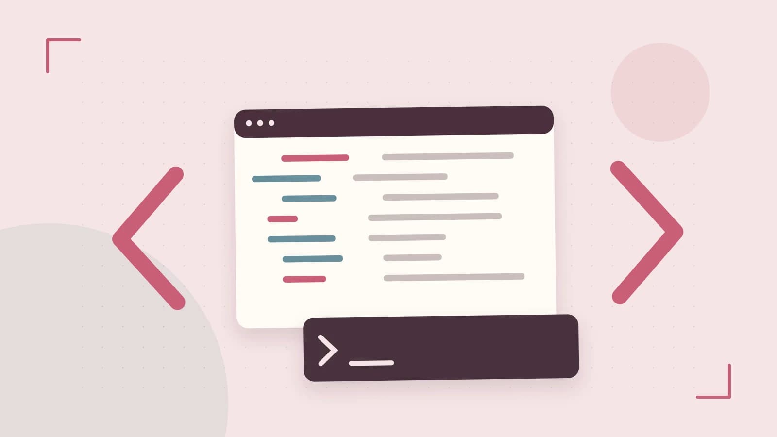 Editorial illustration of an abstract code editor, syntax blocks and oversized programming brackets