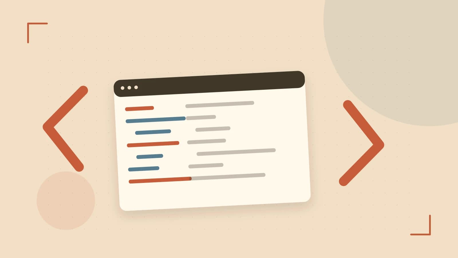 Editorial illustration of an abstract code editor, syntax blocks and oversized programming brackets