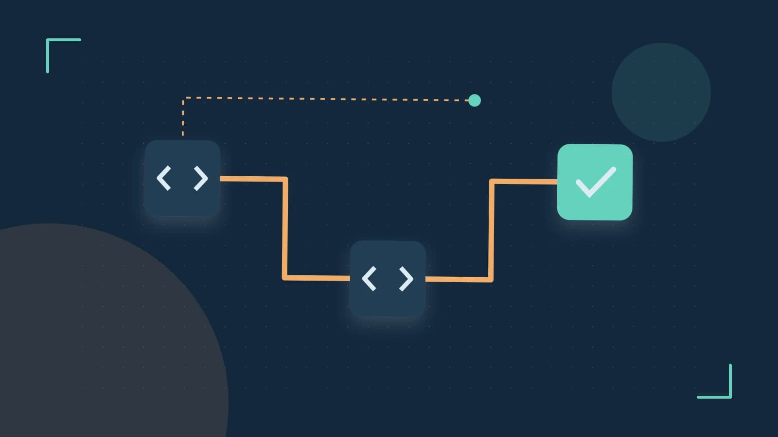 Editorial illustration of a branching build pipeline, staged transformations and a completed check