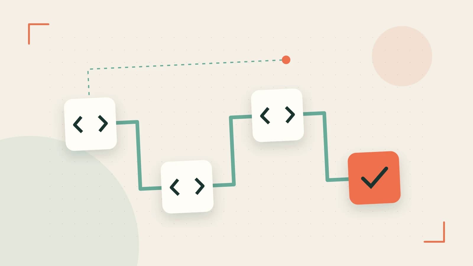 Editorial illustration of a branching build pipeline, staged transformations and a completed check