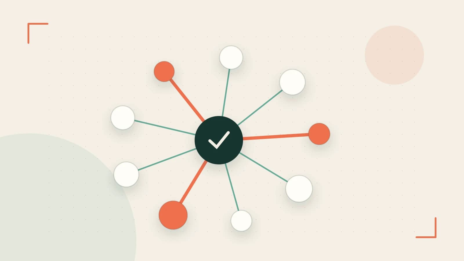 Editorial illustration of an algorithmic node graph with branching paths and a highlighted result