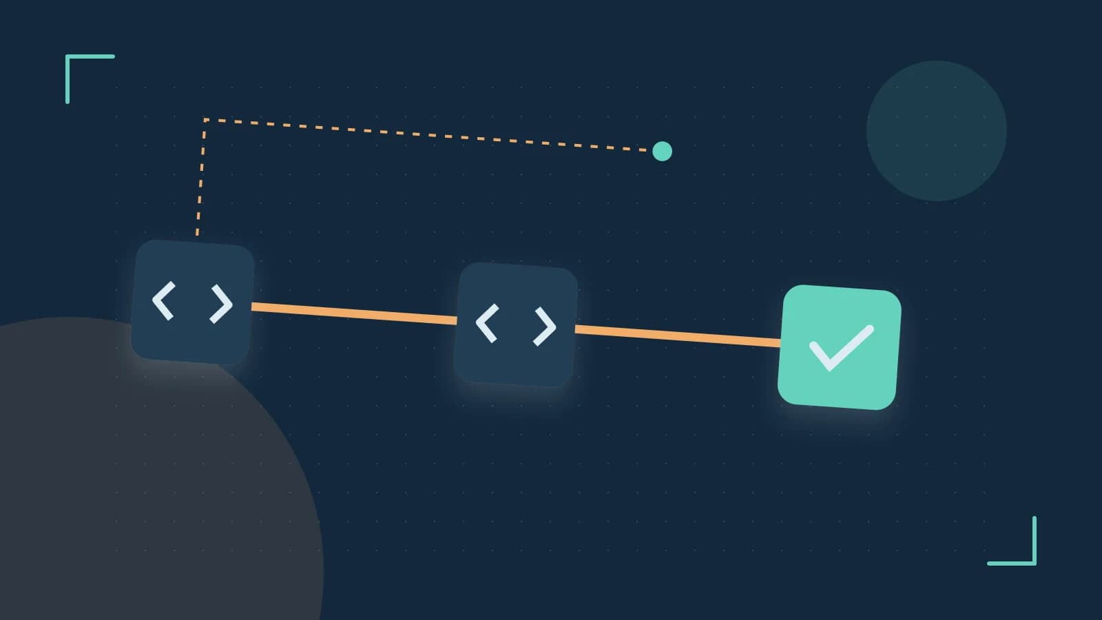 Editorial illustration of a branching build pipeline, staged transformations and a completed check
