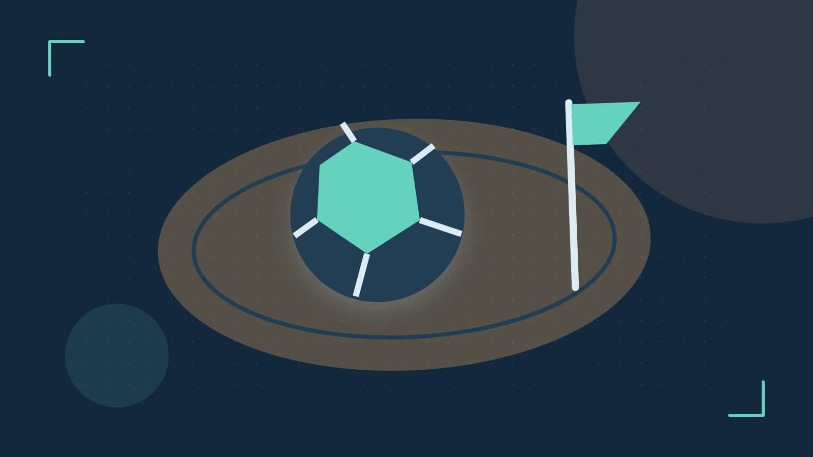 Editorial illustration of a stylized sports ball, stadium geometry and dynamic arcs