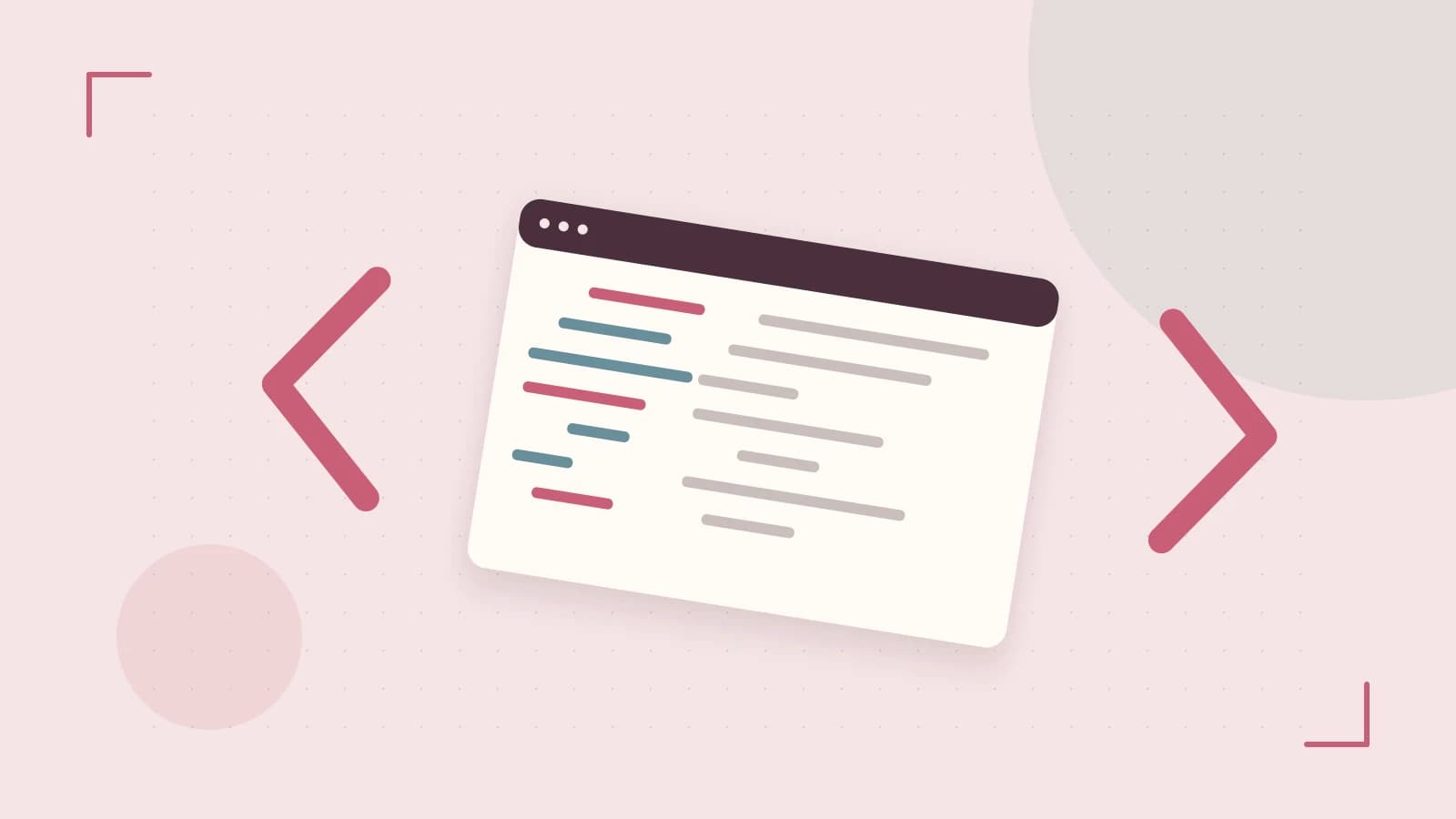 Editorial illustration of an abstract code editor, syntax blocks and oversized programming brackets