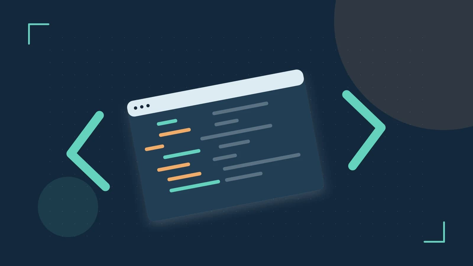 Editorial illustration of an abstract code editor, syntax blocks and oversized programming brackets