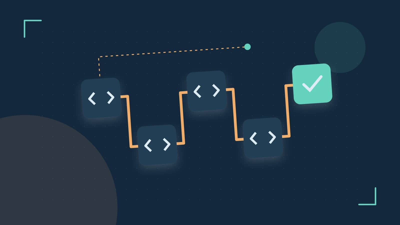Editorial illustration of a branching build pipeline, staged transformations and a completed check