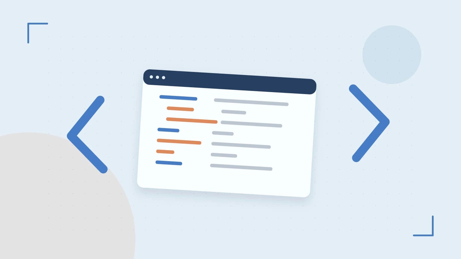 Editorial illustration of an abstract code editor, syntax blocks and oversized programming brackets