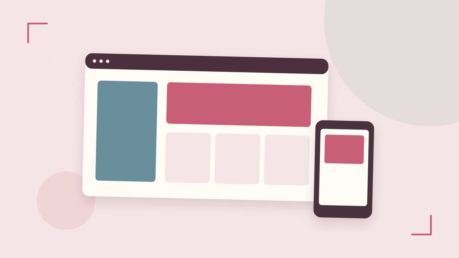 Editorial illustration of responsive browser layouts, overlapping design components and a color system