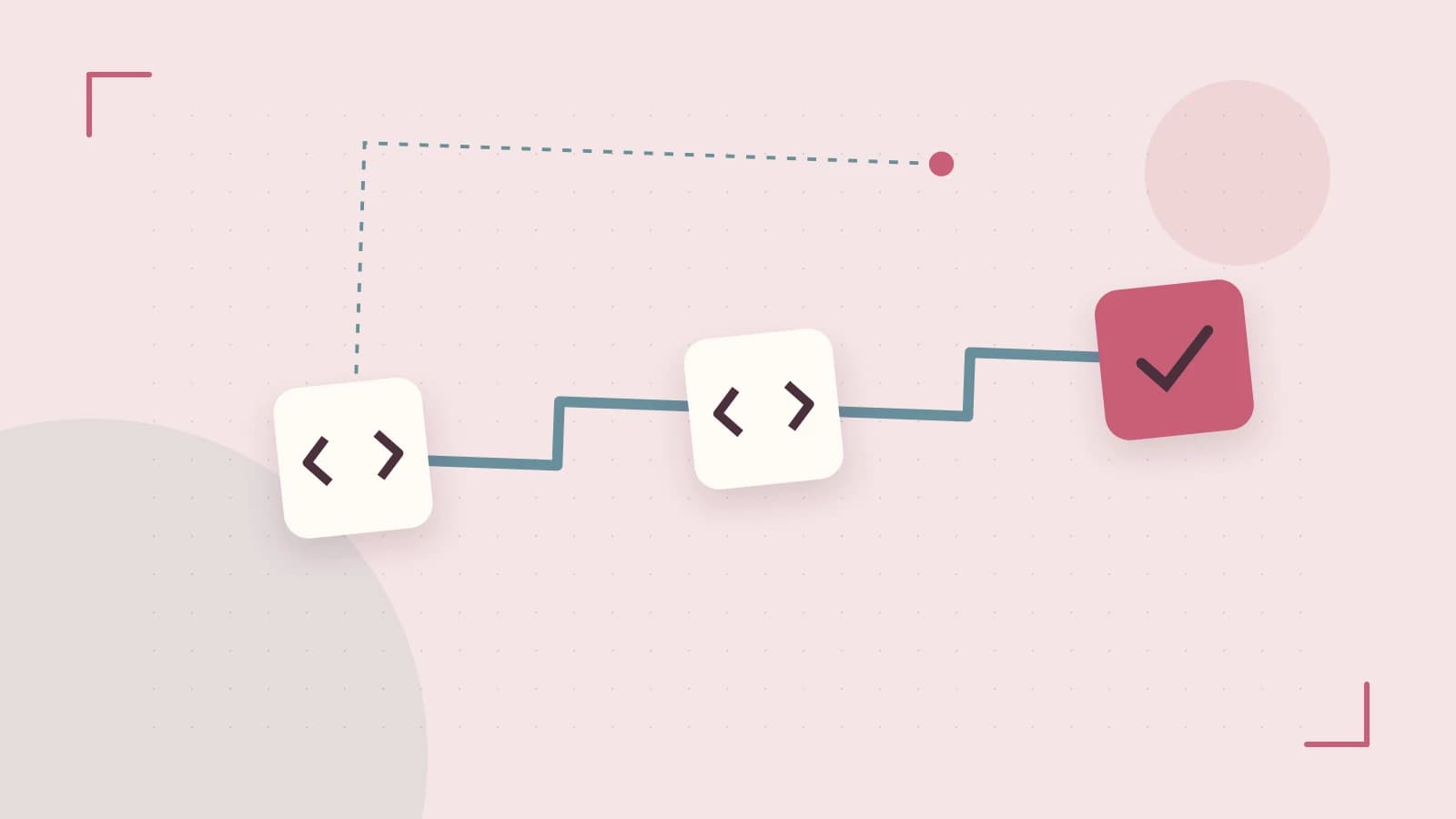 Editorial illustration of a branching build pipeline, staged transformations and a completed check