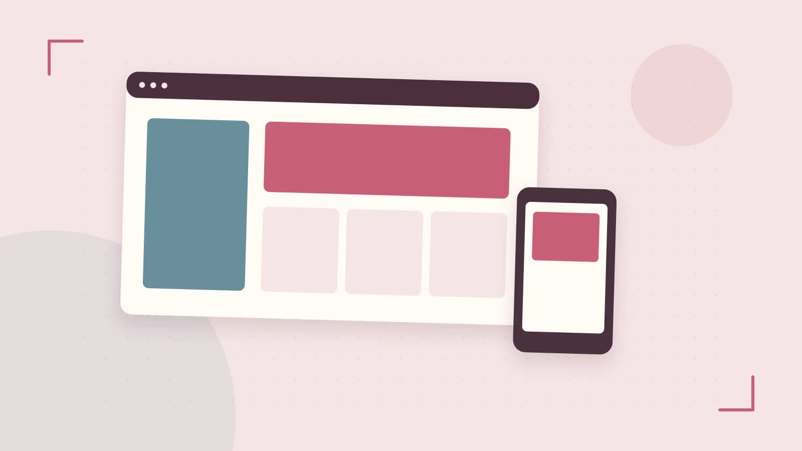 Editorial illustration of responsive browser layouts, overlapping design components and a color system