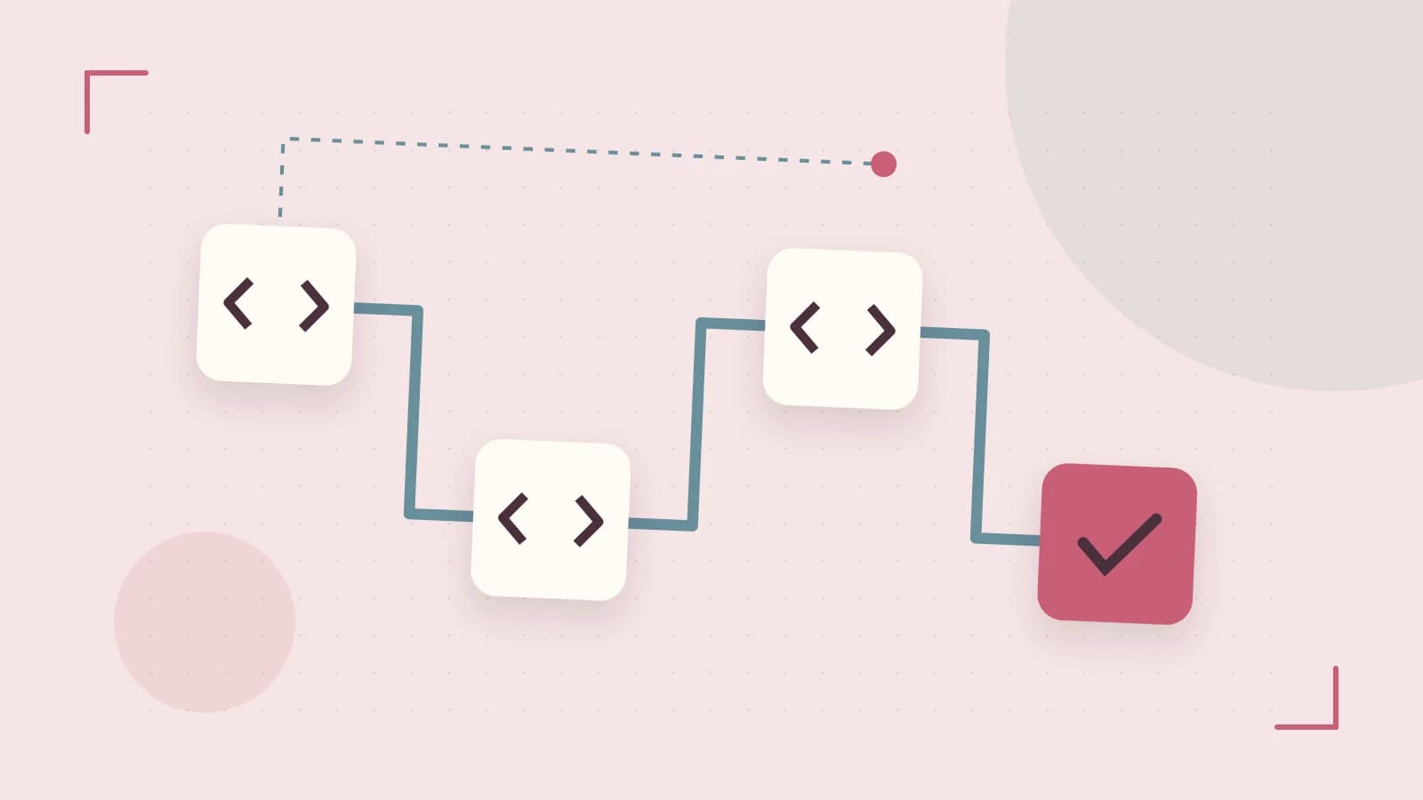 Editorial illustration of a branching build pipeline, staged transformations and a completed check