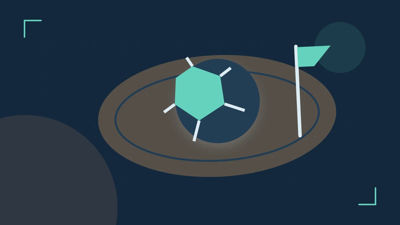Editorial illustration of a stylized sports ball, stadium geometry and dynamic arcs