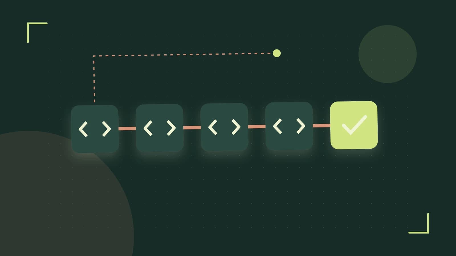Editorial illustration of a branching build pipeline, staged transformations and a completed check