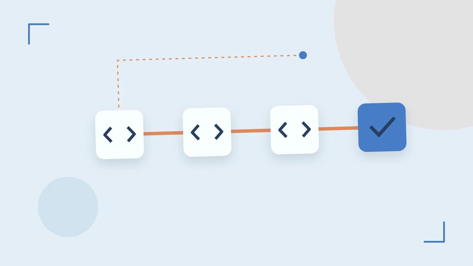 Editorial illustration of a branching build pipeline, staged transformations and a completed check
