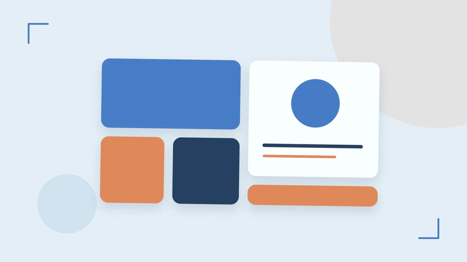 Editorial illustration of responsive browser layouts, overlapping design components and a color system