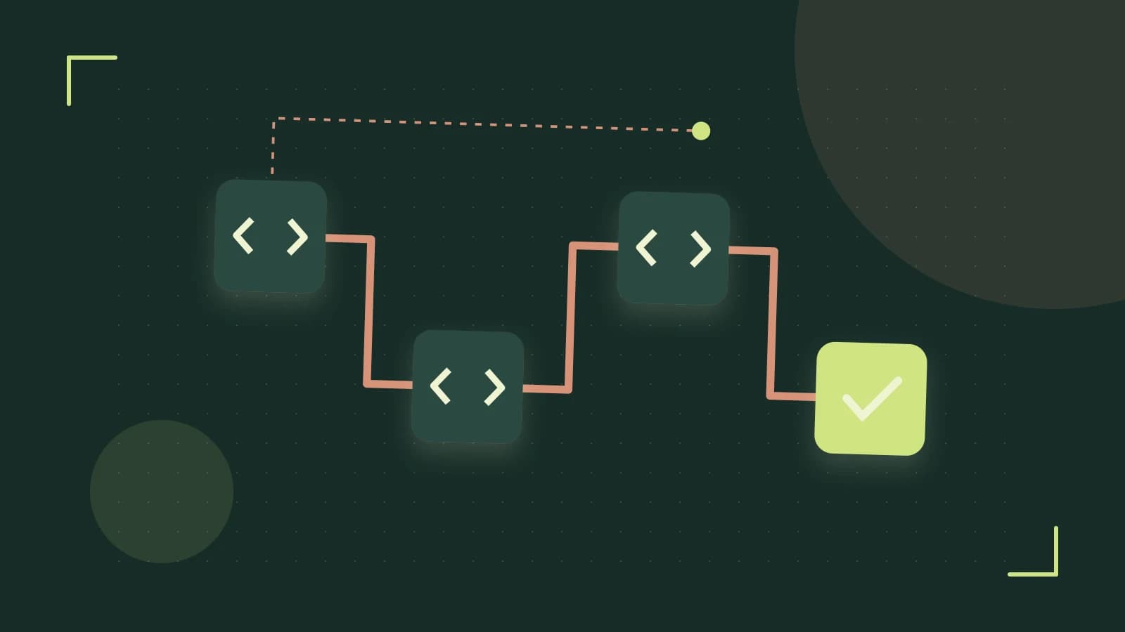 Editorial illustration of a branching build pipeline, staged transformations and a completed check