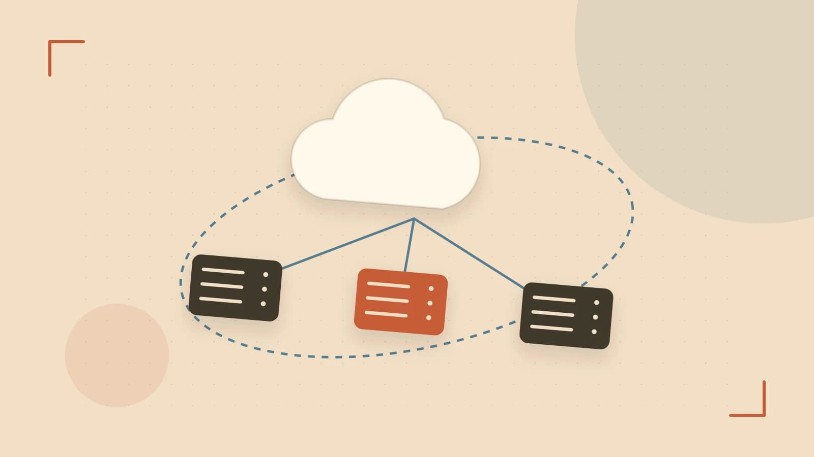 Editorial illustration of cloud infrastructure, connected server racks and an orbital service map