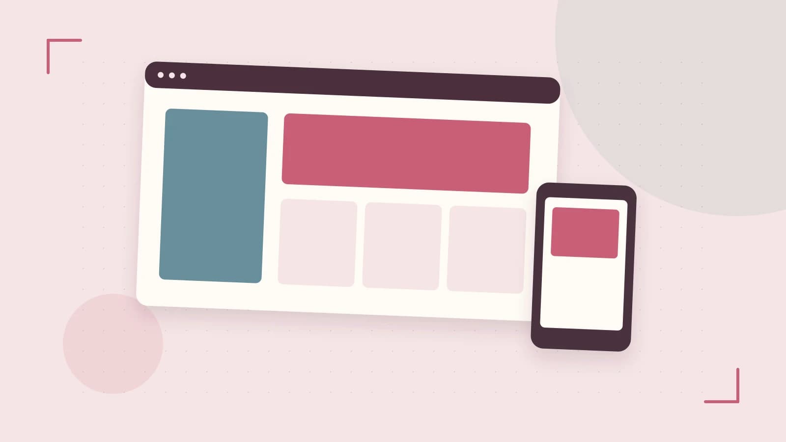 Editorial illustration of responsive browser layouts, overlapping design components and a color system