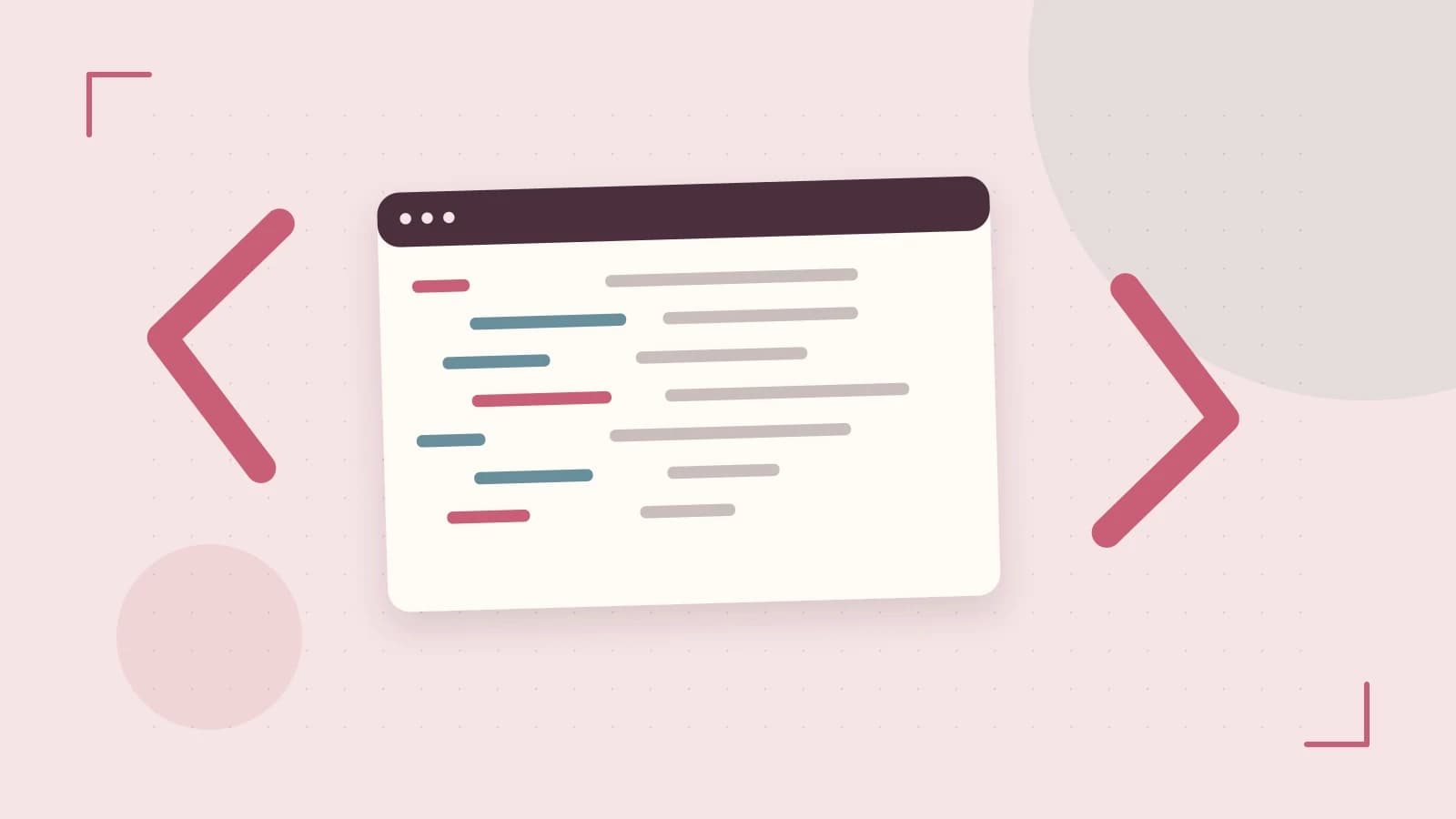Editorial illustration of an abstract code editor, syntax blocks and oversized programming brackets