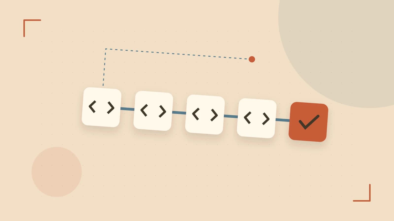 Editorial illustration of a branching build pipeline, staged transformations and a completed check