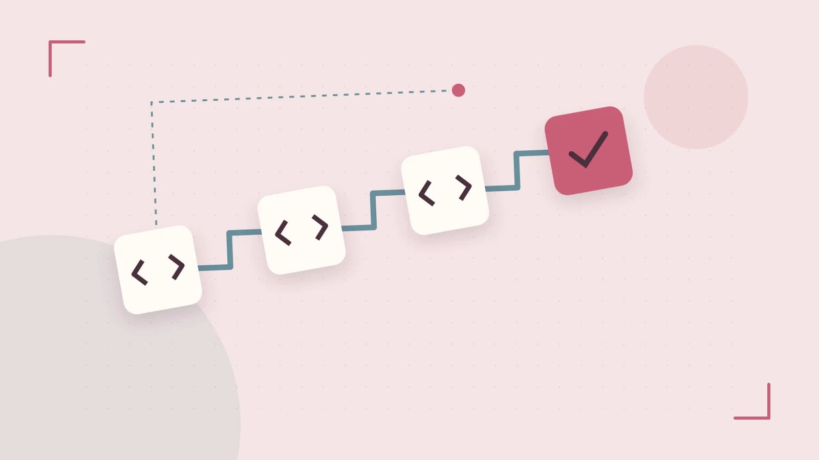 Editorial illustration of a branching build pipeline, staged transformations and a completed check