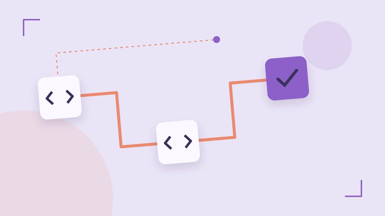 Editorial illustration of a branching build pipeline, staged transformations and a completed check