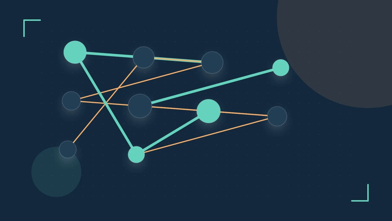Editorial illustration of an algorithmic node graph with branching paths and a highlighted result