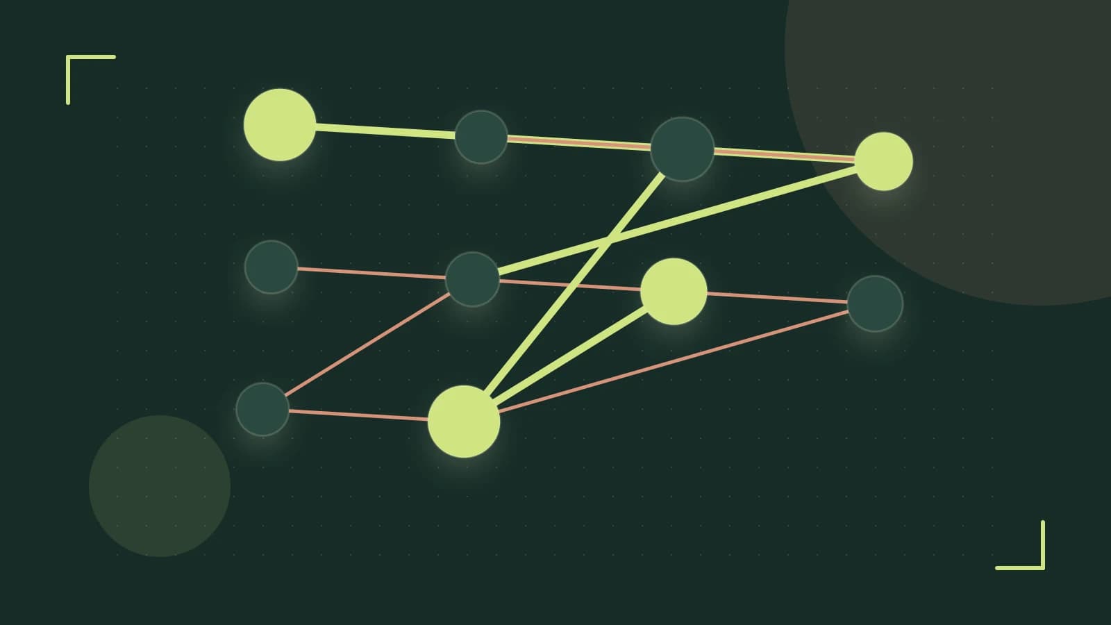 Editorial illustration of an algorithmic node graph with branching paths and a highlighted result