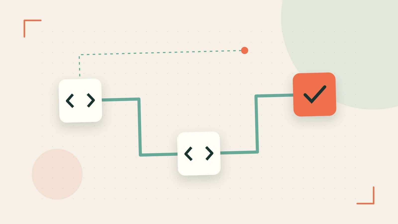Editorial illustration of a branching build pipeline, staged transformations and a completed check