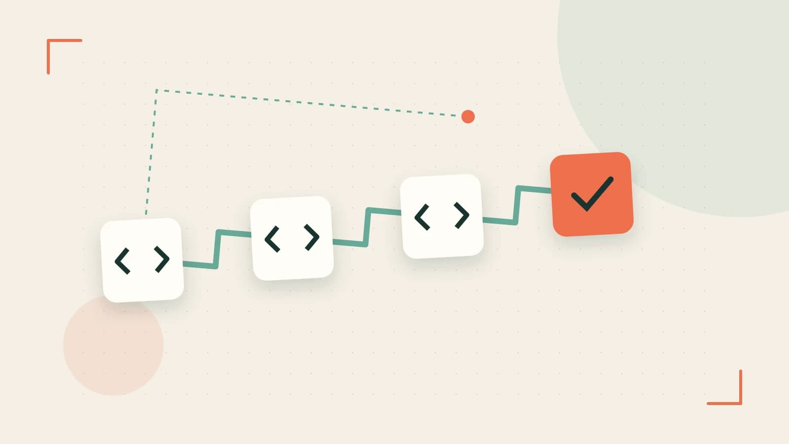 Editorial illustration of a branching build pipeline, staged transformations and a completed check