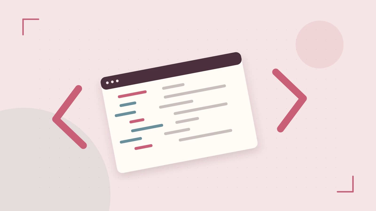 Editorial illustration of an abstract code editor, syntax blocks and oversized programming brackets
