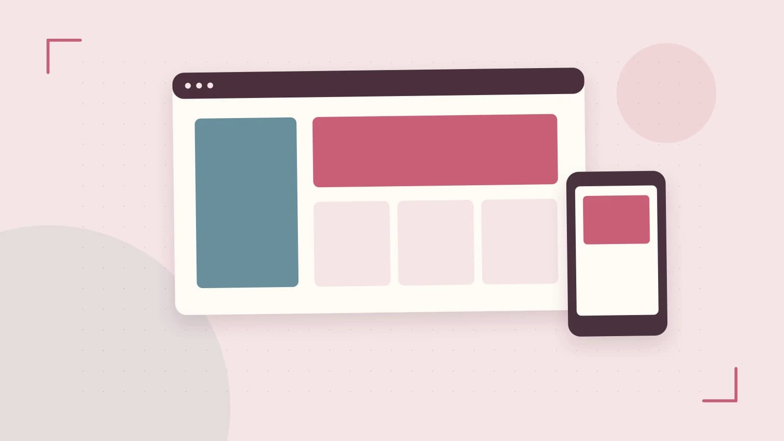 Editorial illustration of responsive browser layouts, overlapping design components and a color system