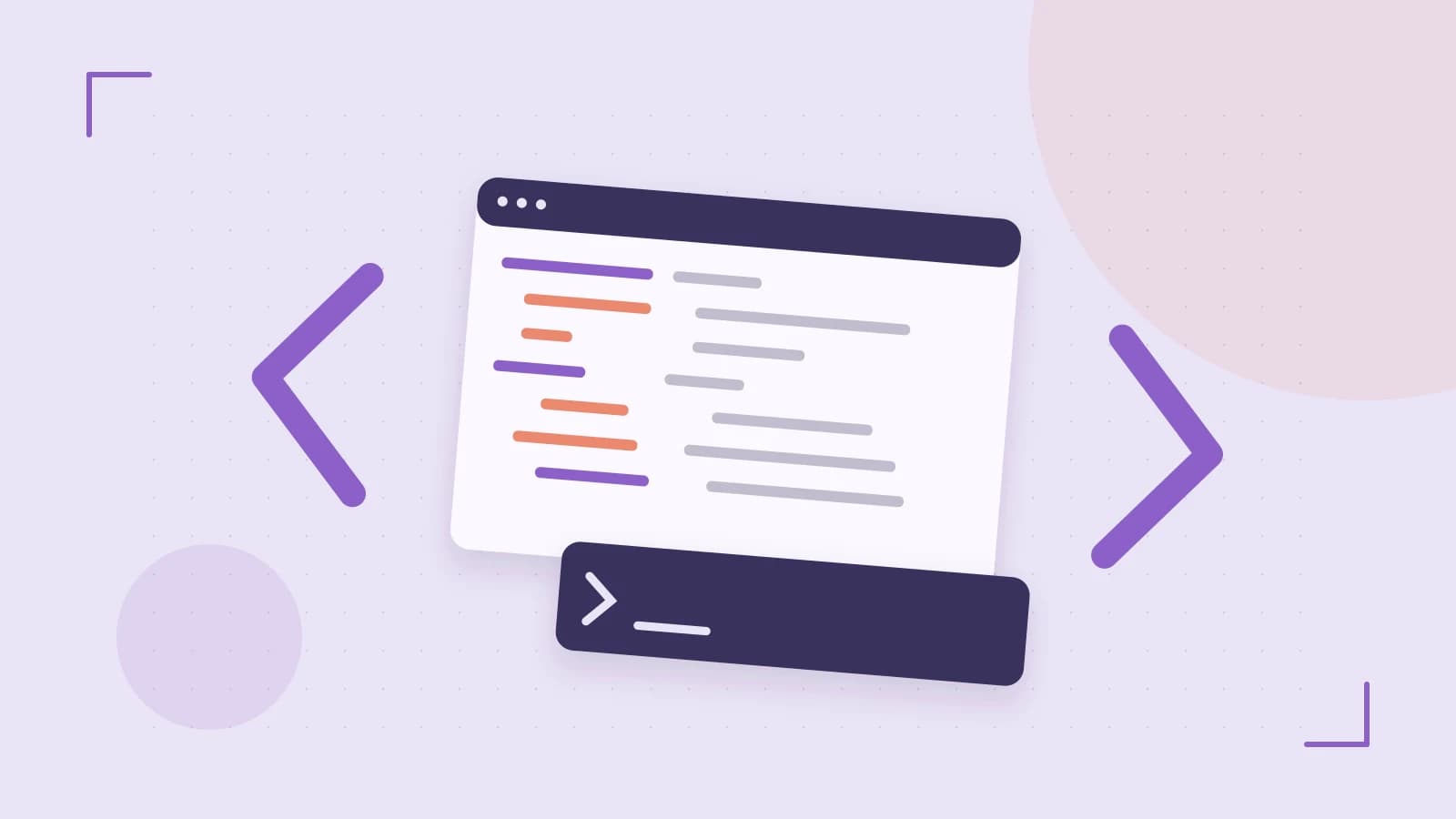 Editorial illustration of an abstract code editor, syntax blocks and oversized programming brackets