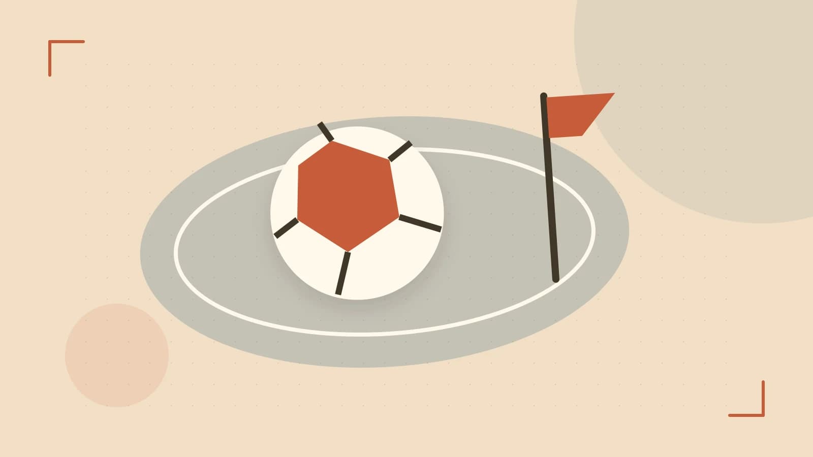 Editorial illustration of a stylized sports ball, stadium geometry and dynamic arcs