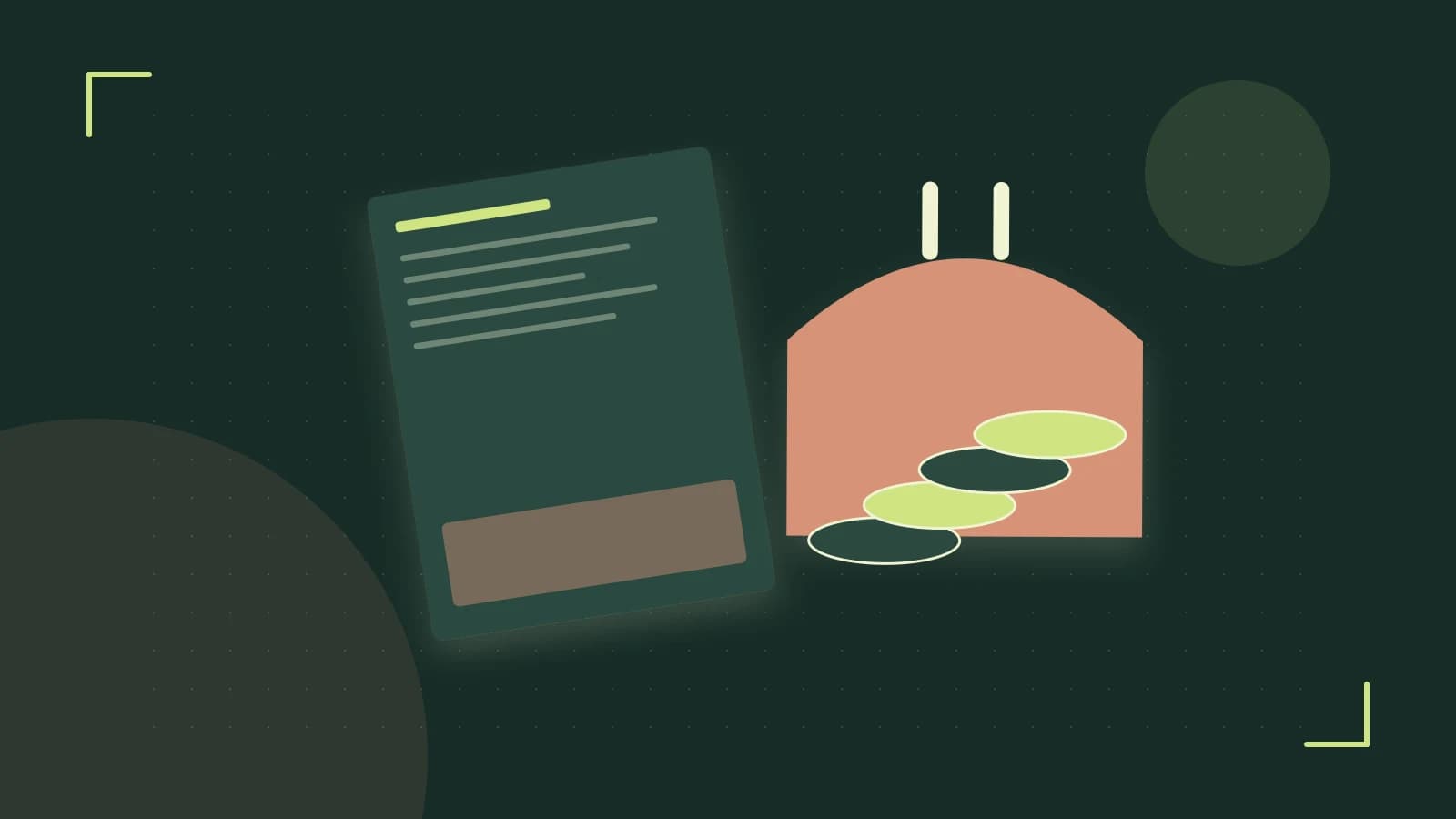 Editorial illustration of abstract coins, a payment card and a geometric financial chart without data labels