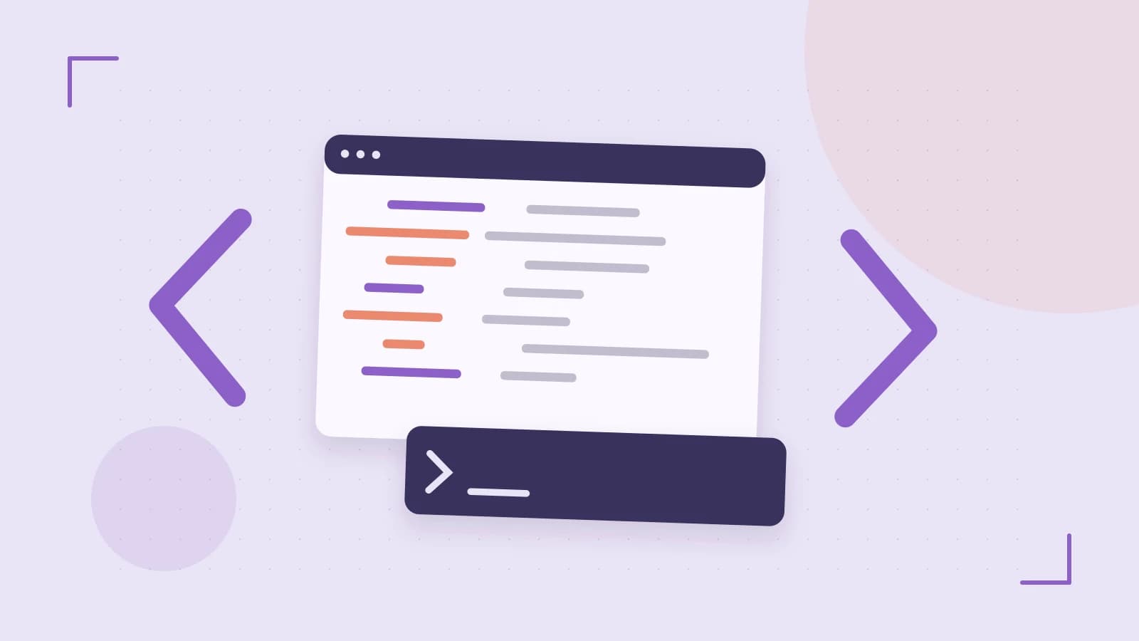 Editorial illustration of an abstract code editor, syntax blocks and oversized programming brackets