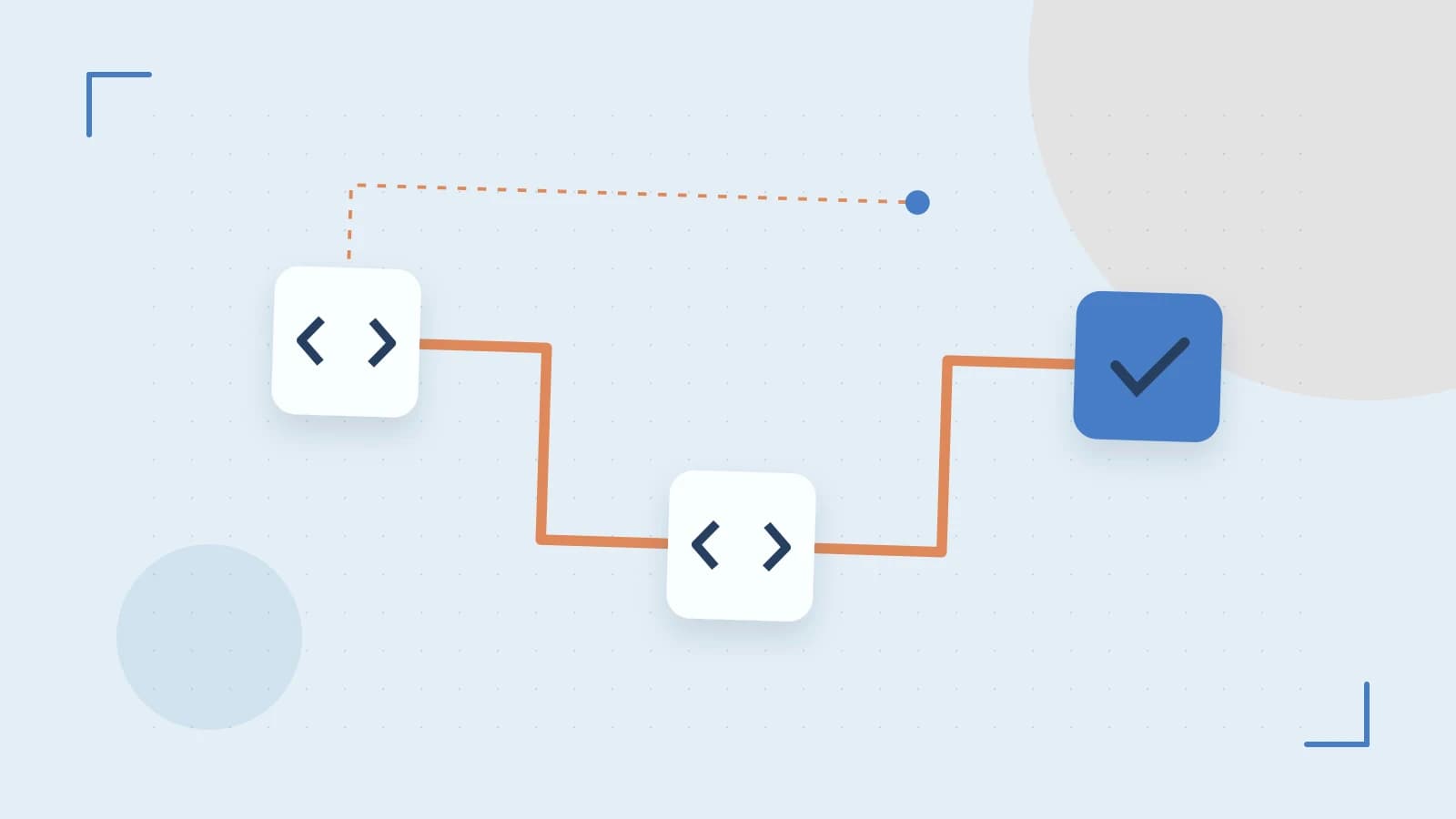 Editorial illustration of a branching build pipeline, staged transformations and a completed check