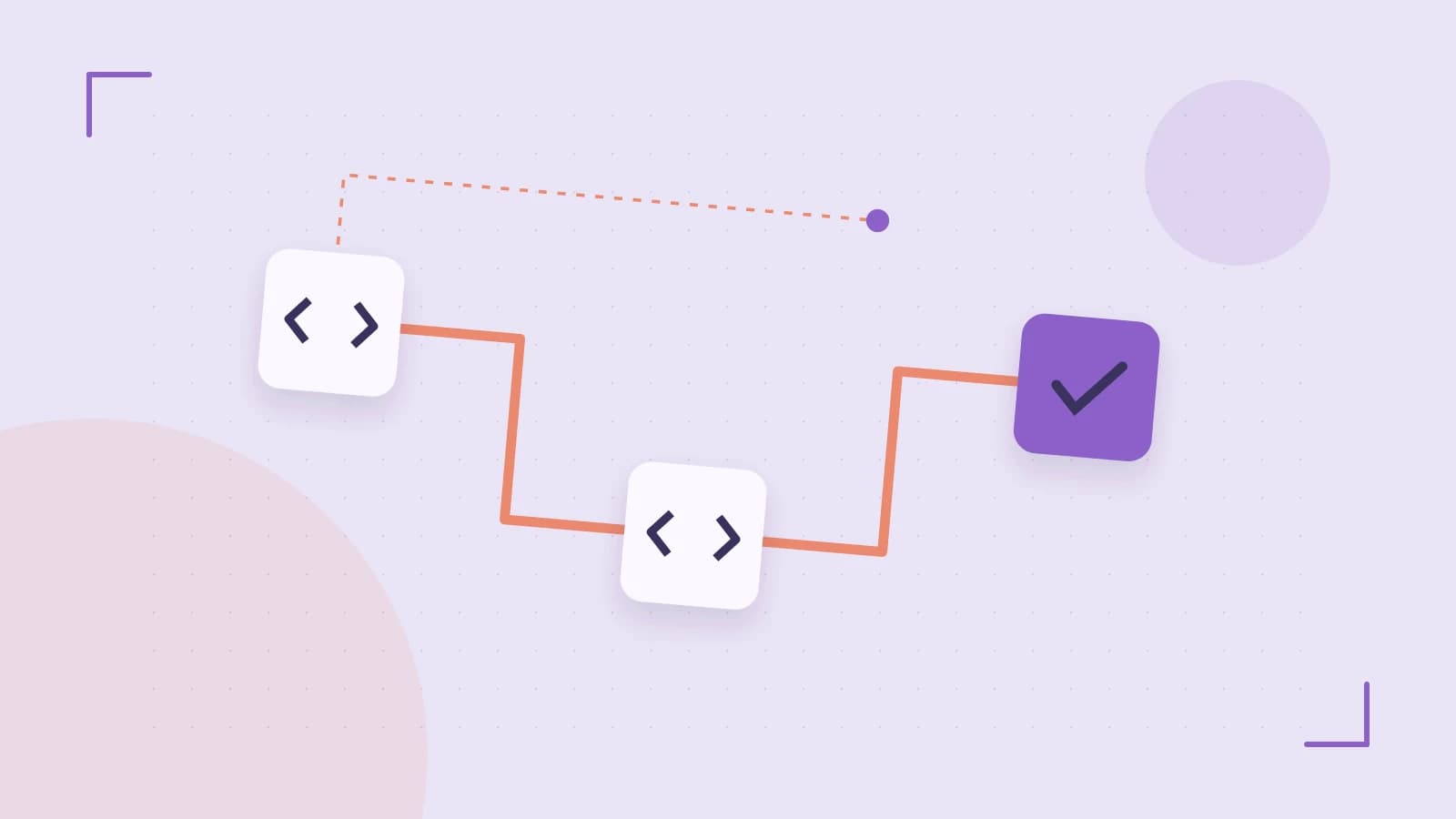 Editorial illustration of a branching build pipeline, staged transformations and a completed check