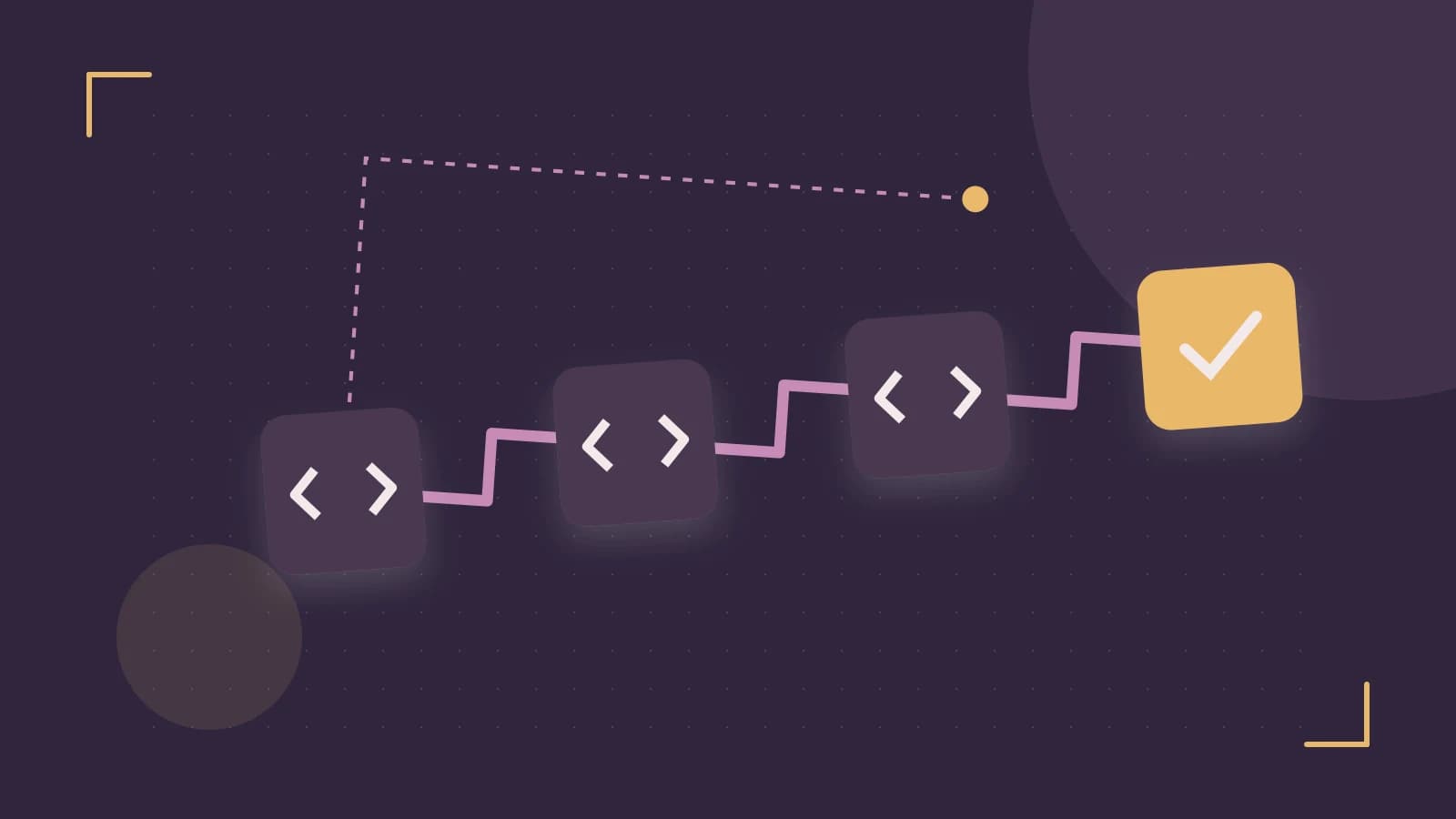 Editorial illustration of a branching build pipeline, staged transformations and a completed check