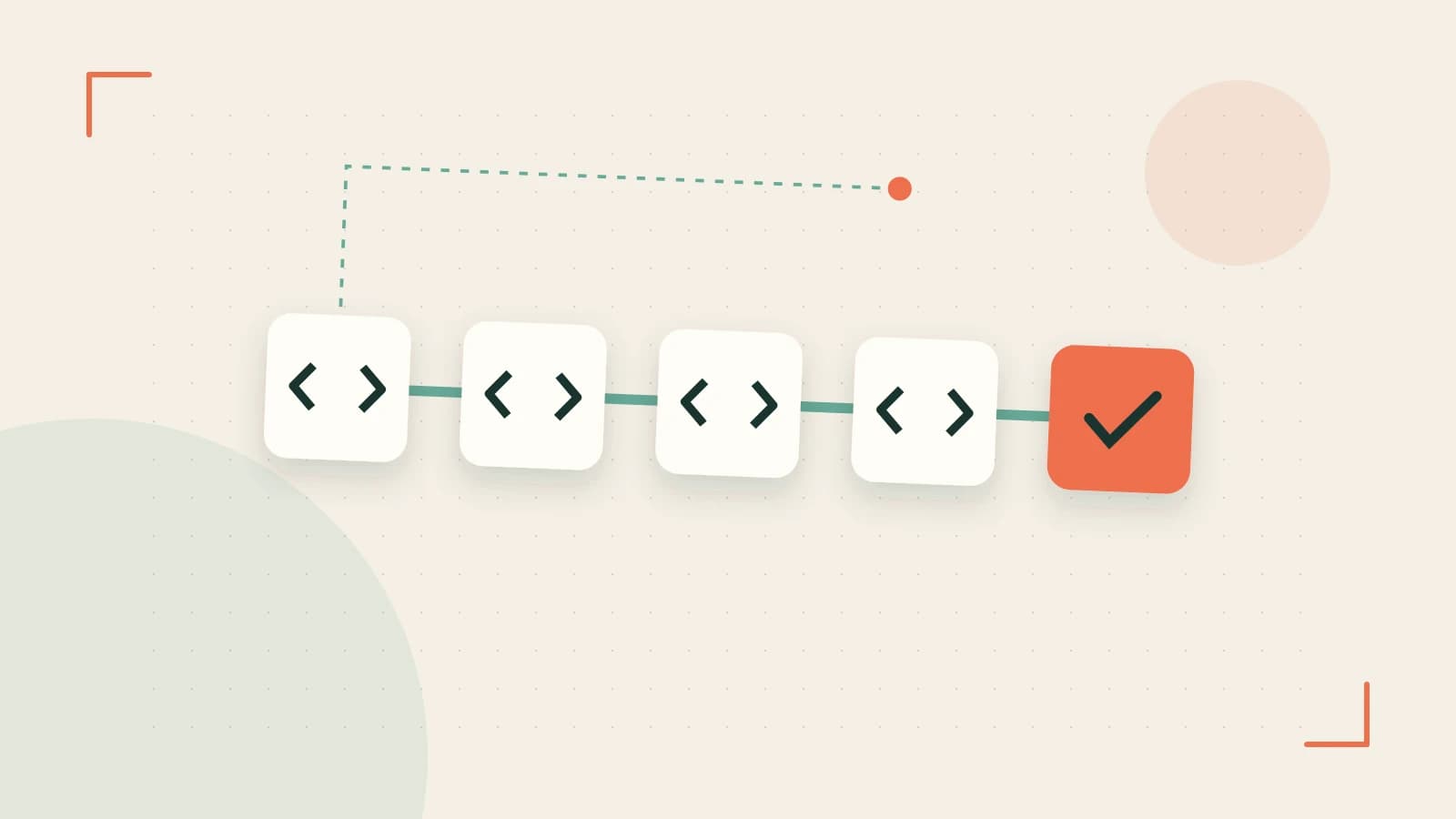 Editorial illustration of a branching build pipeline, staged transformations and a completed check