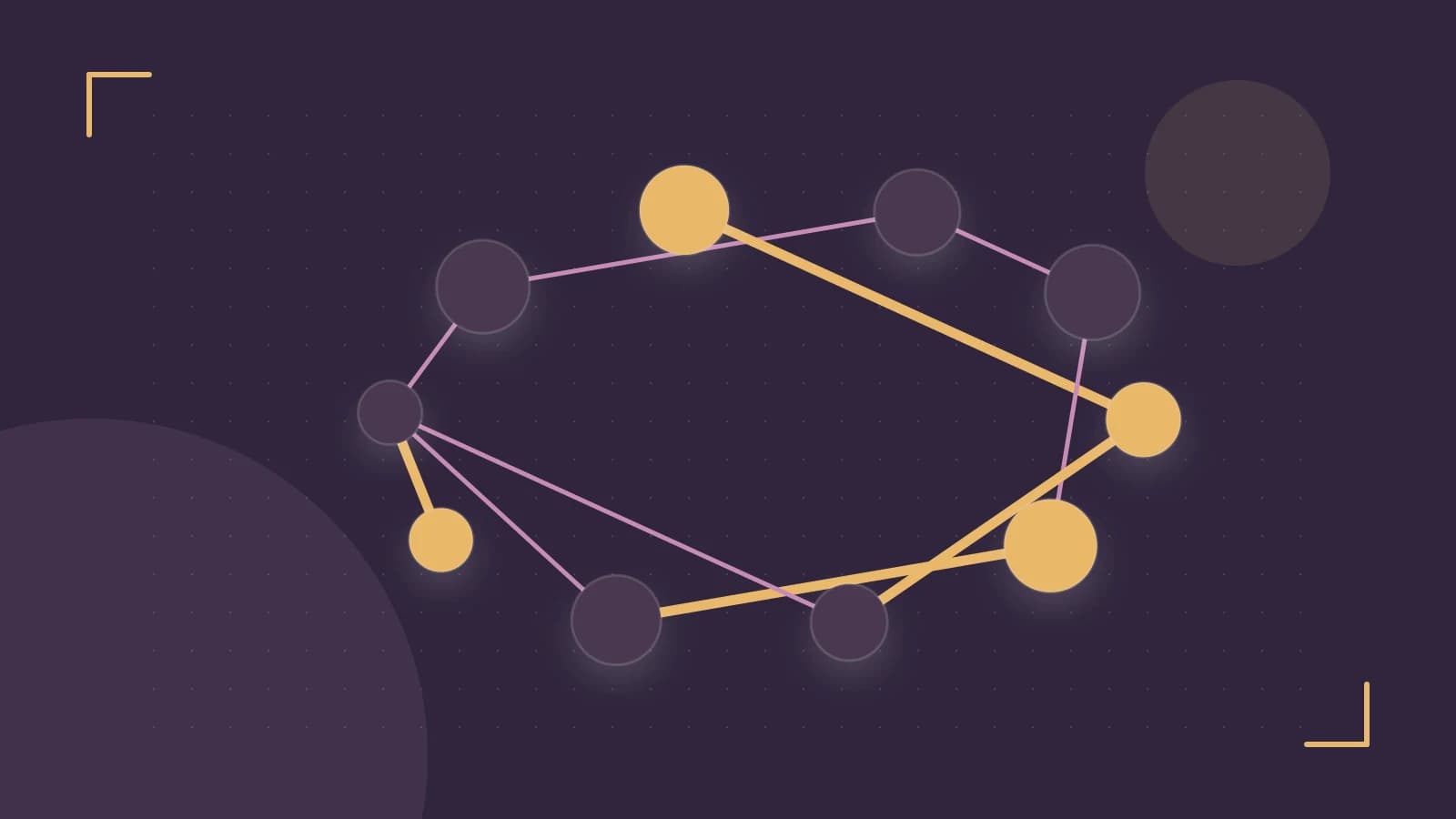 Editorial illustration of an algorithmic node graph with branching paths and a highlighted result