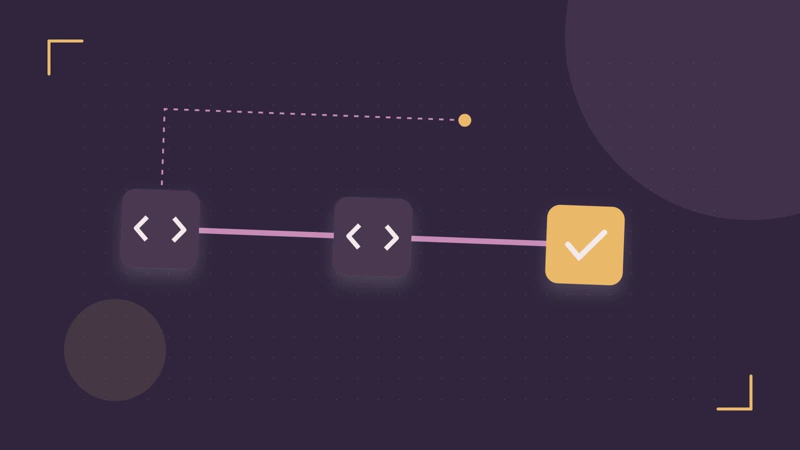 Editorial illustration of a branching build pipeline, staged transformations and a completed check