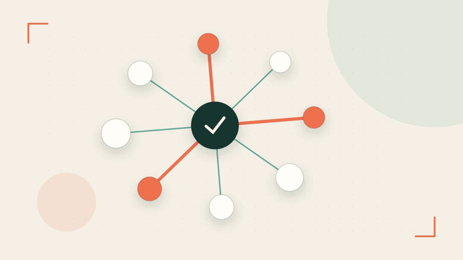 Editorial illustration of an algorithmic node graph with branching paths and a highlighted result